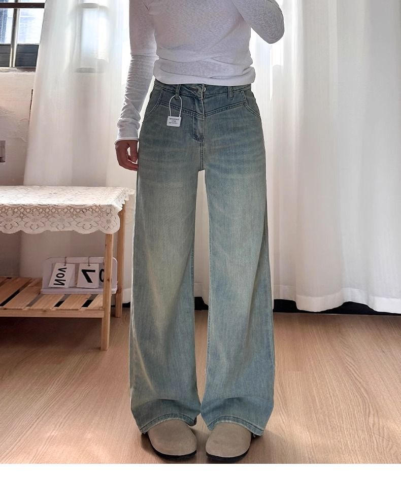 Light-colored narrow-leg wide-leg jeans for women, a new style of large-sized, loose, slimming, sagging straight-leg floor-length pants for 2025 pic 1