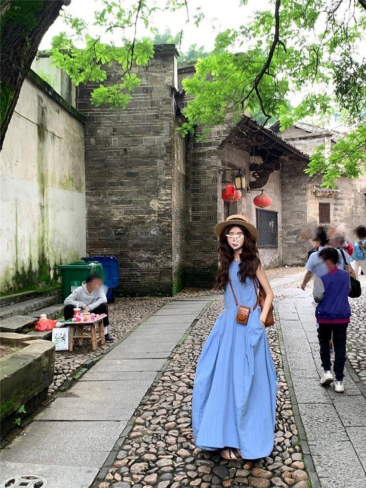 法式度假风气质蓝色背心连衣裙女夏季新款设计感收腰显瘦a字长裙详情4