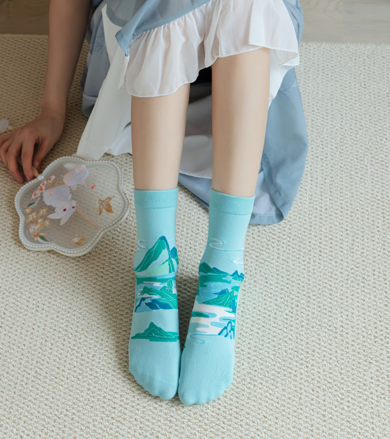 国潮袜子女原创设计古风水墨画AB鸳鸯女棉袜敦煌飞天白蛇传潮流中筒袜详情30