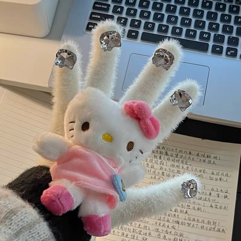 HelloKitty water diamond cute plush gloves for autumn and winter, Kitty Cat doll, warm knitted five-fingered gloves for girls pic 5