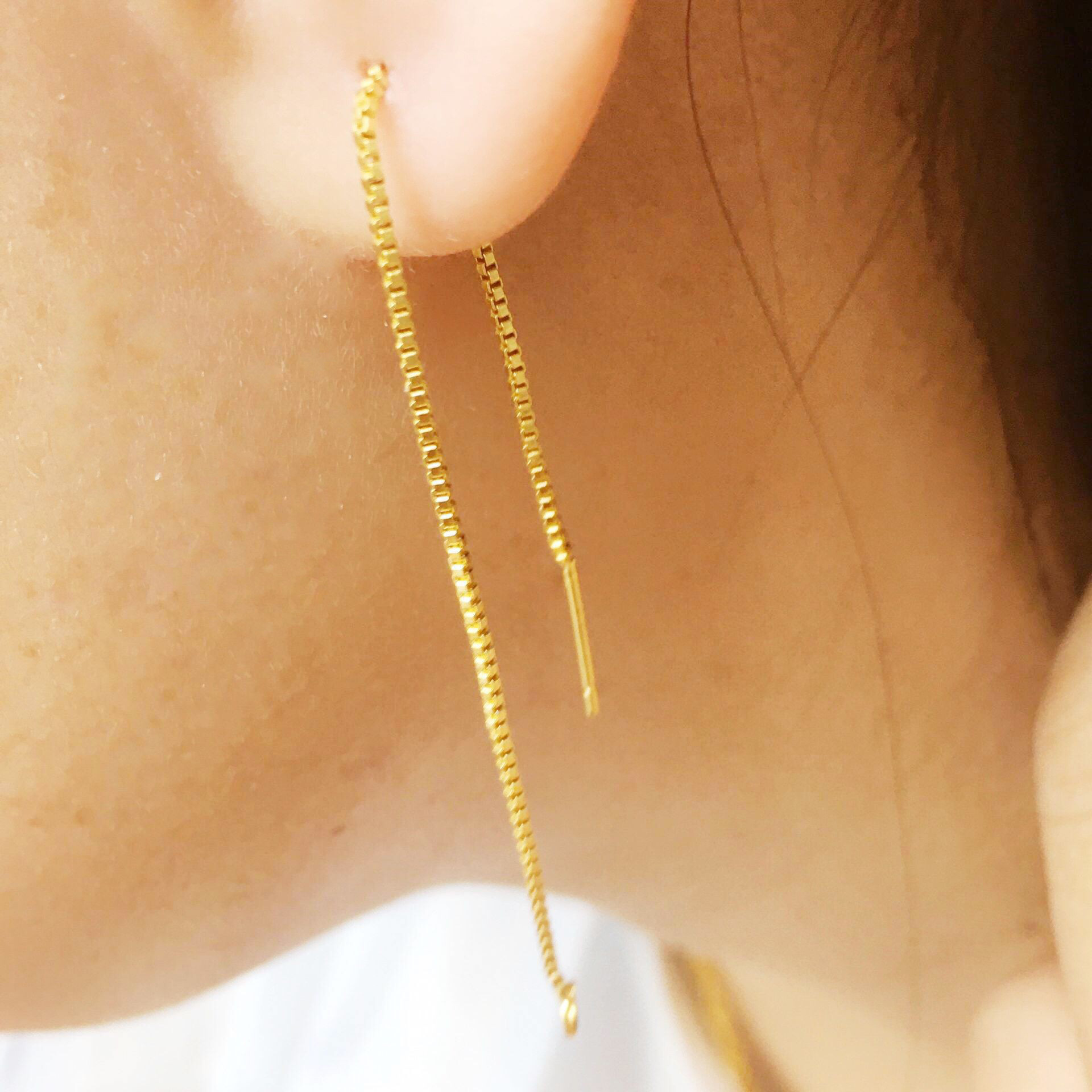 14K copper-plated real gold color-preserving box chain earring wire earrings chain earpins welded flat chain earrings accessories pic 2