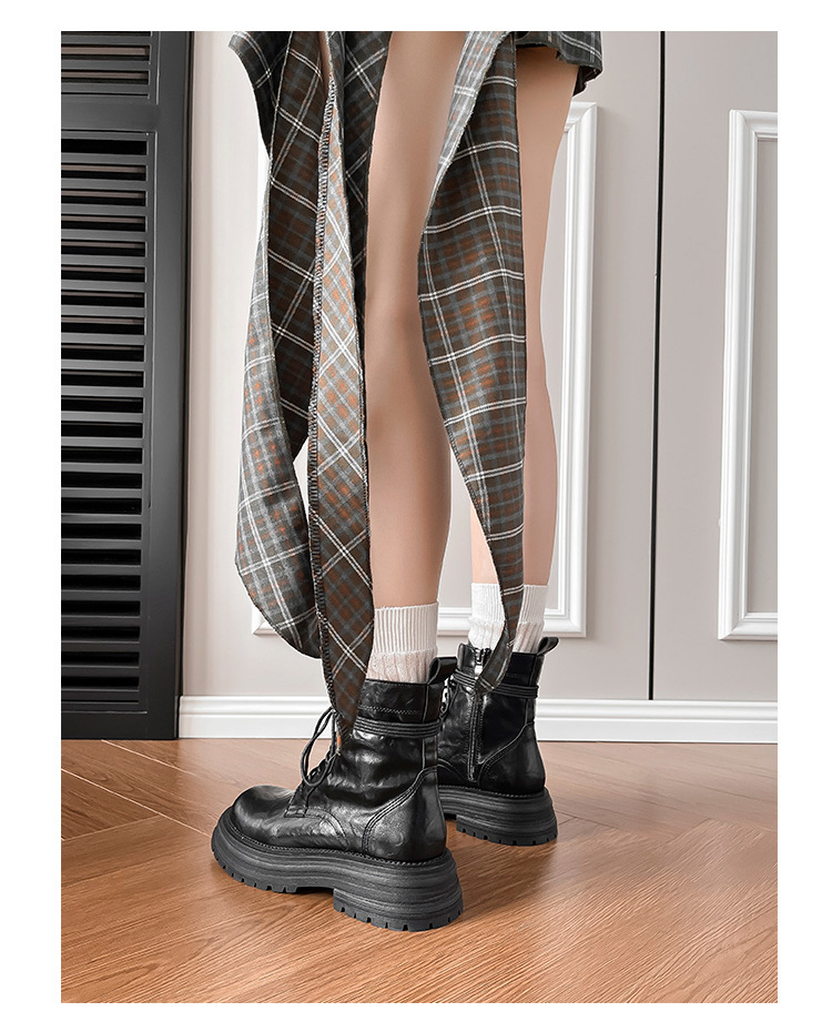 英伦复古系带厚底马丁靴秋冬季单靴精致手抓纹粗跟短靴女机车靴子详情16