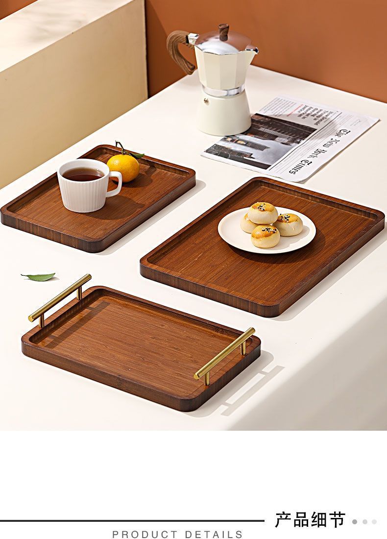 实木托盘长方形家用餐盘木质点心水果盘酒店茶盘金属带把手木盘子详情16