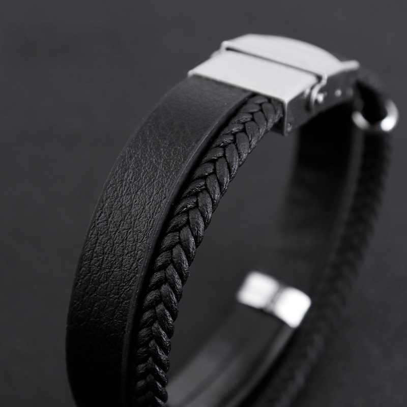 Hip-hop punk style bestseller, double-layer leather bracelet made of twisted fabric in Europe and America, titanium steel bracelet, can be engraved with LOGO pic 7