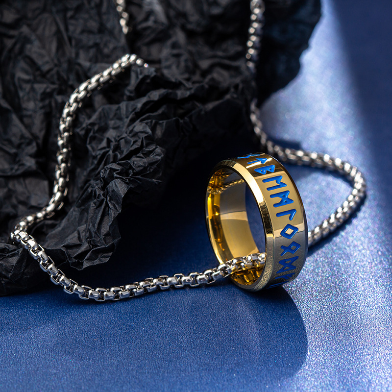 Xiyin Cross-border European and American new jewelry, Nordic Viking language pendant titanium steel necklace, 60cm versatile pearl chain pic 5