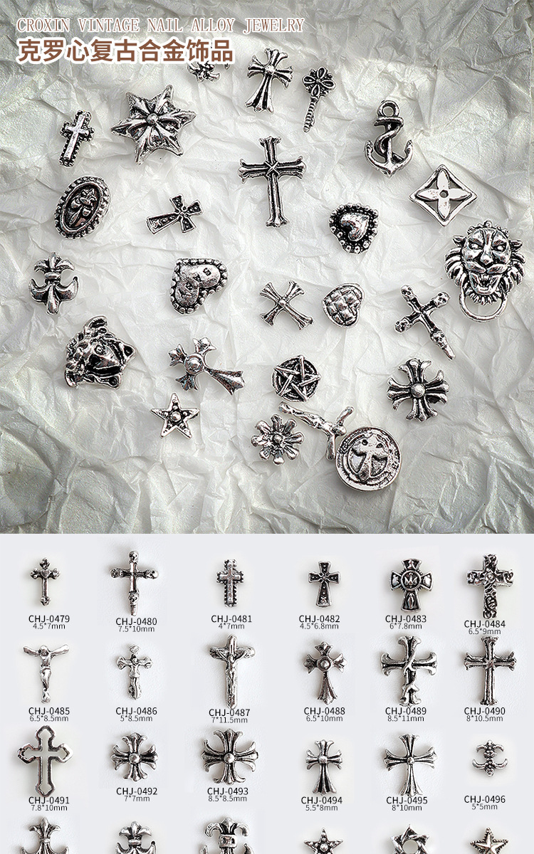 Factory direct sales of retro nail alloy jewelry, Crochet cross, lion head, heart, Pharaoh nail drill decoration pic 1