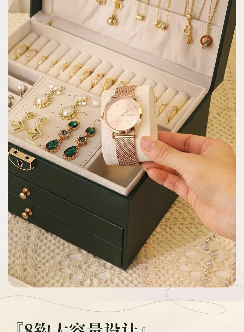 Large-capacity jewelry box, three-layer drawer, multi-functional stud earrings, ring earrings, necklace, gold bracelet and jewelry storage box pic 6