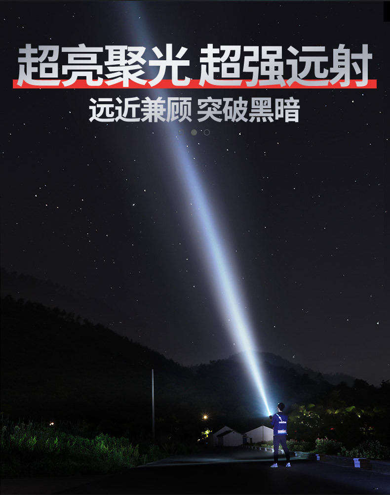 跨境强光手电筒铝合金可充电远射家用户外便携充电宝led变焦迷你详情23