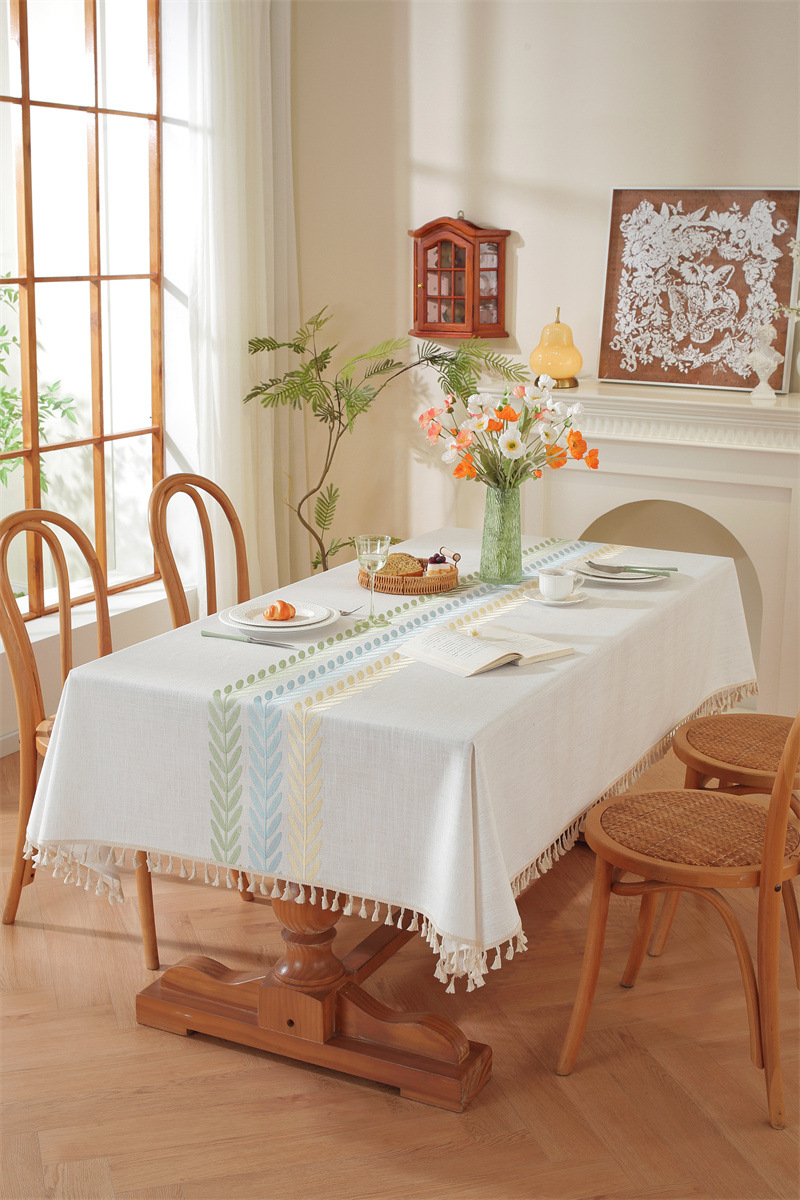 Amazon cross-border embroidered checkered flower tassel tablecloths, rectangular coffee tables, tablecloths and table coverings manufacturer embroidery pic 54