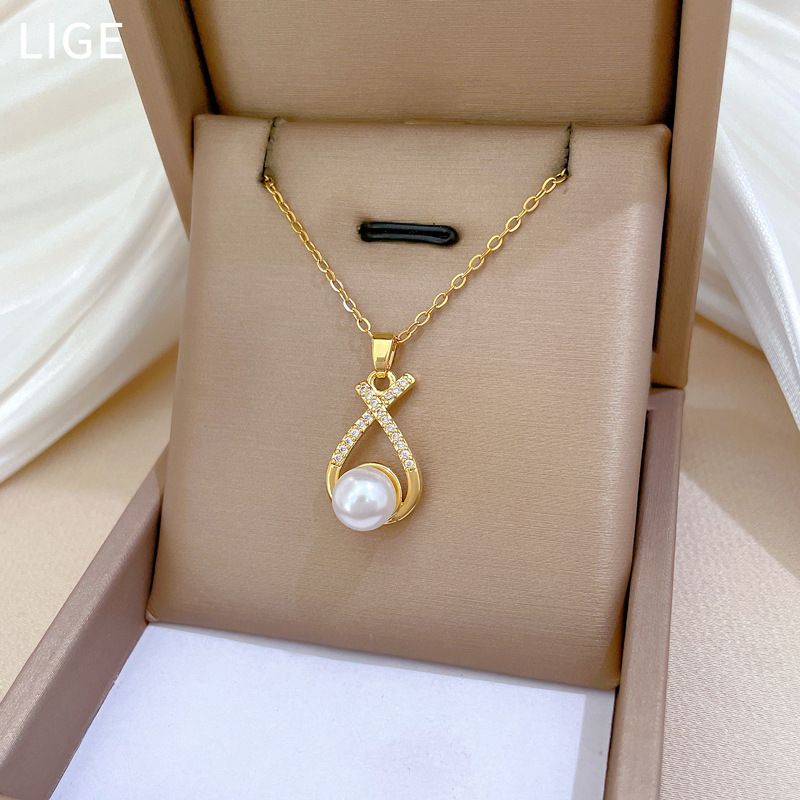 【钛钢】项链耳环套装轻奢满钻交叉珍珠个性气质宴会耳饰项饰组详情9