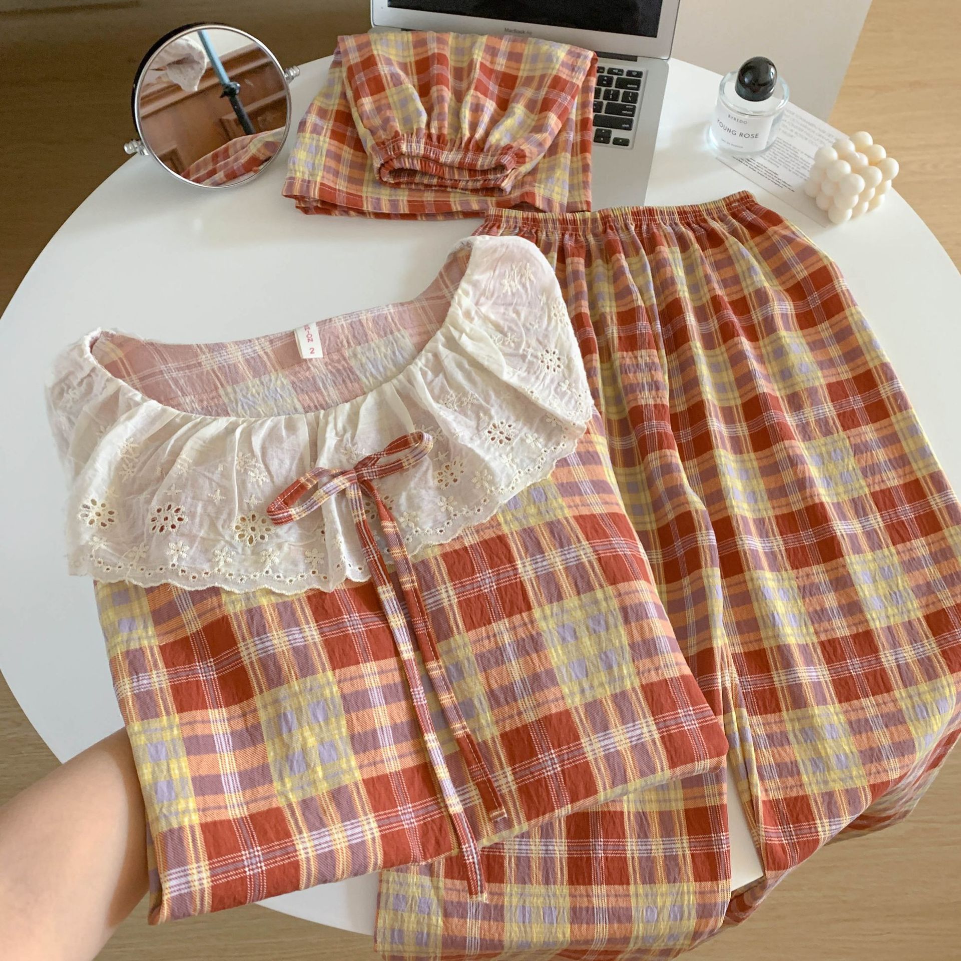 跨境外贸爆款三件套睡衣女短袖短裤长裤甜美大翻领蕾丝花边家居服详情2