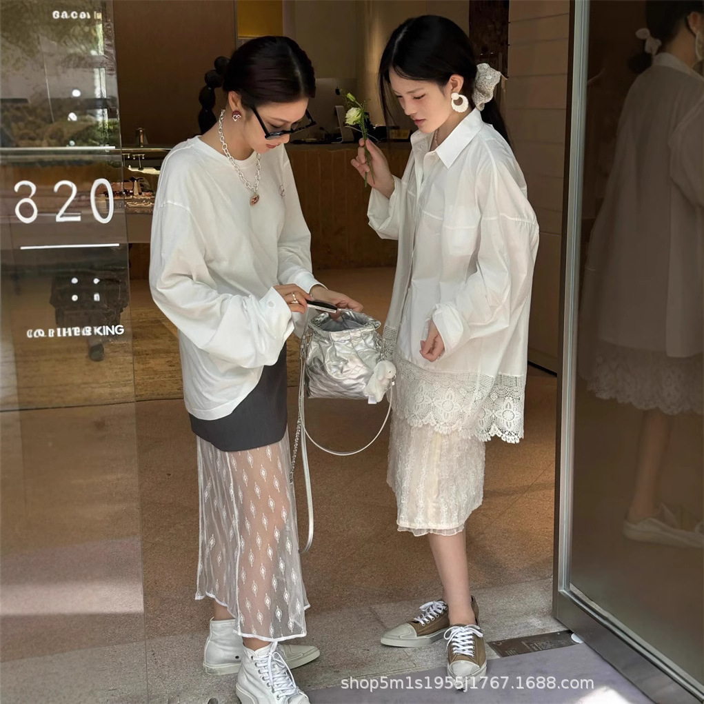 This is a new loose and fashionable shirt and top for women in the spring and autumn of 2025, featuring a Korean-style lace cutout and hook pattern design pic 9