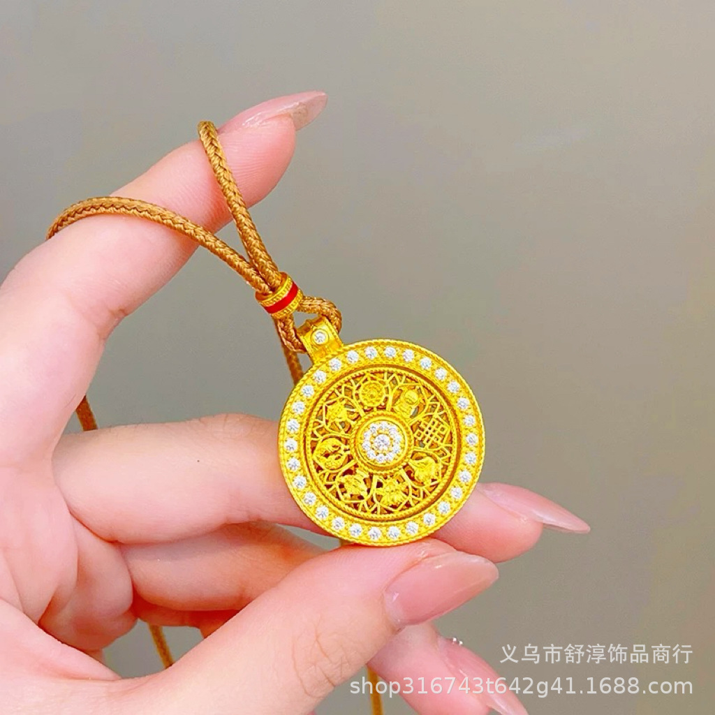 Long-lasting and colorless Vietnamese sand gold diamond-encrusted auspicious eight treasures compass and ruyi rope necklace, rotatable pendant sweater chain for women pic 7