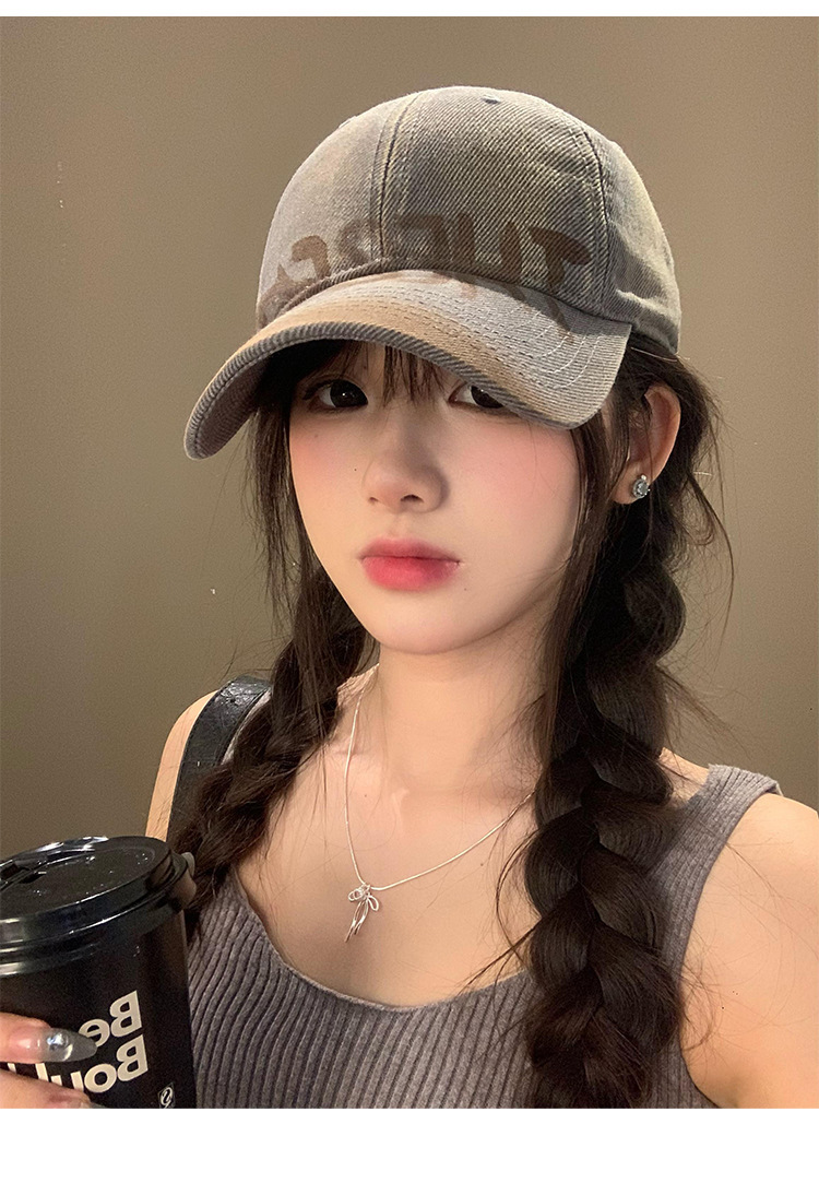 American retro letter grey baseball cap for women, wide brim, big face to show off, small baseball cap, versatile, big head circumference hat, clothing accessories pic 9