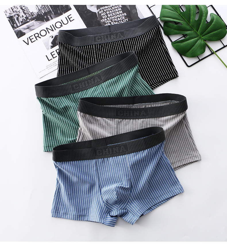男士条纹内裤宽松男平角裤透气棉潮流男生短裤男式四角运动裤头详情10