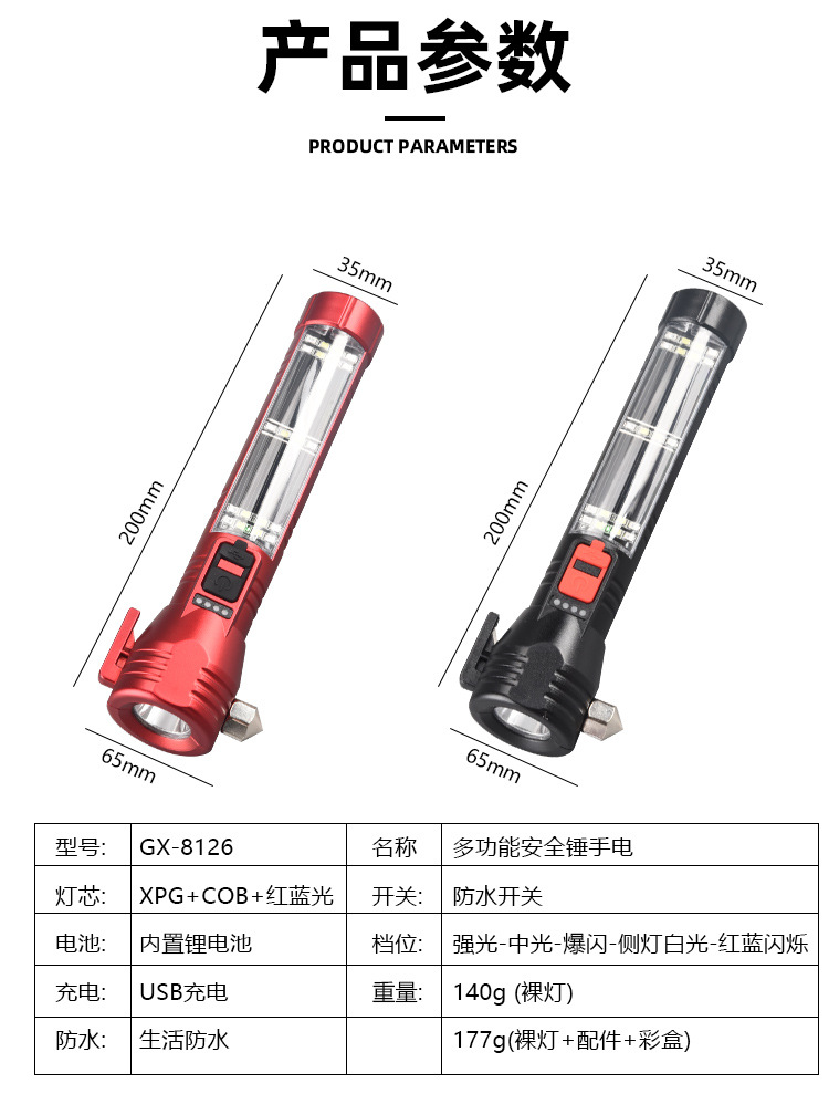 Cross-border new outdoor multi-functional cob camping lamp, auto repair work light, strong light safety hammer, magnetic flashlight pic 18