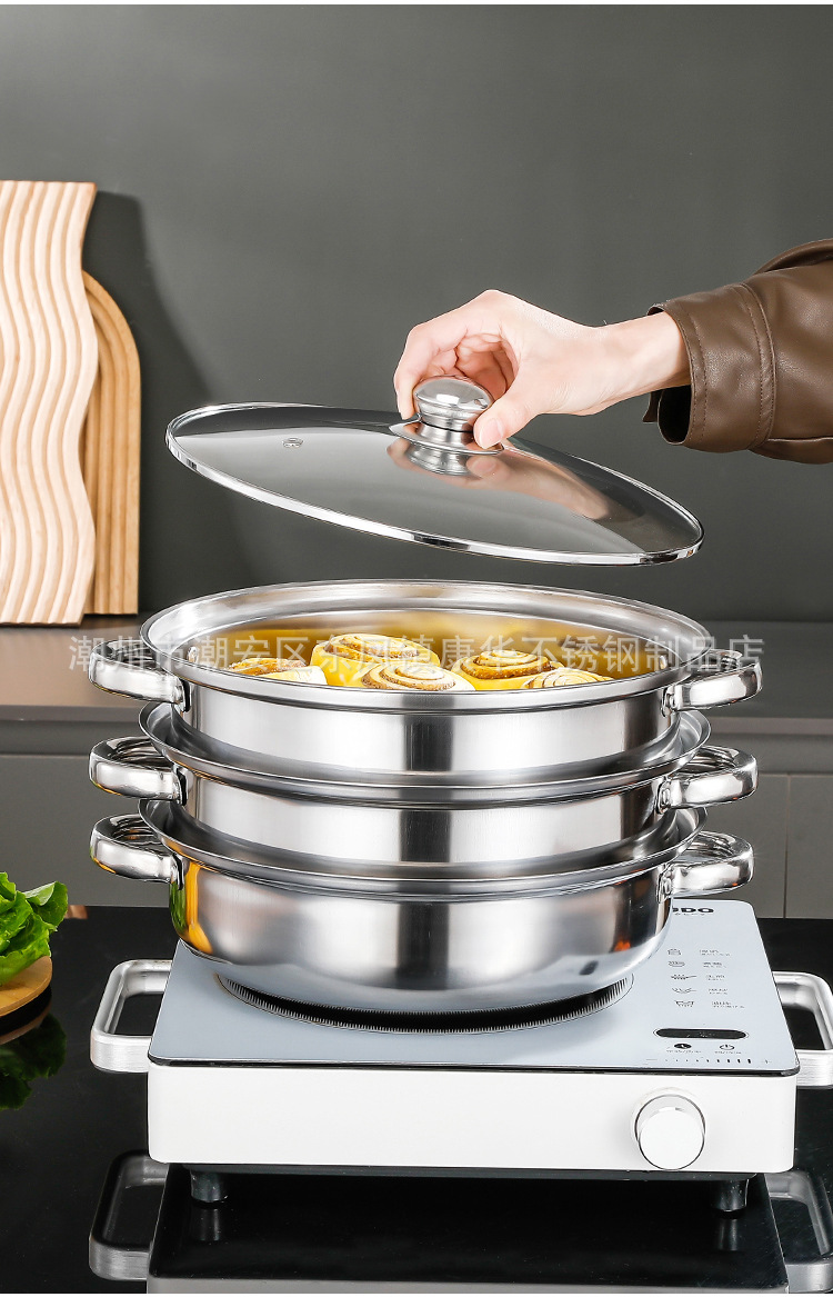 Thickened stainless steel 28cm single-layer soup pot, double-layer and triple-layer soup steamer, household multi-functional hot pot, opening gift pot pic 22