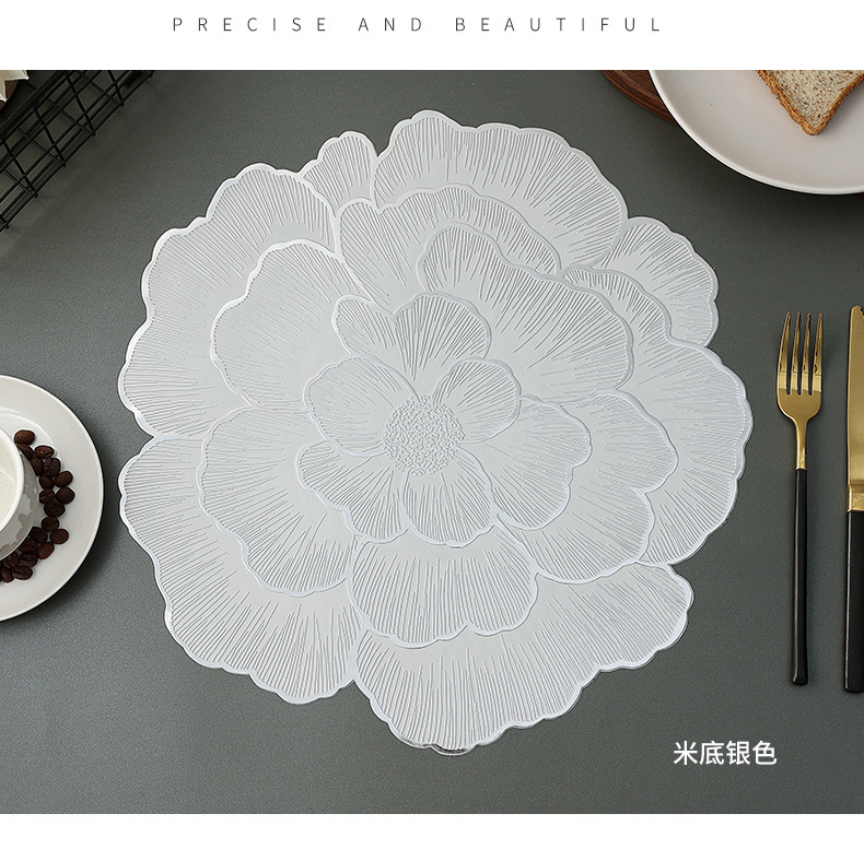 Best-selling pvc gold-embossed table mat with a sense of high-end luxury, heat insulation, waterproof oil, peony flower solid base Western table mat and table lamp mat pic 9