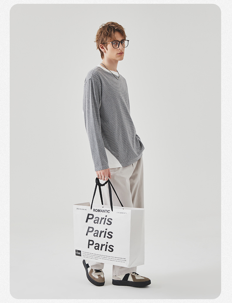 APO男装|撞色条纹长袖T恤男士春秋季潮牌宽松圆领内搭上衣打底衫详情13