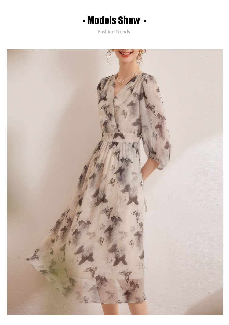 2025春夏新款女人味印花飘逸长裙时尚V领修身女式七分袖连衣裙潮详情8