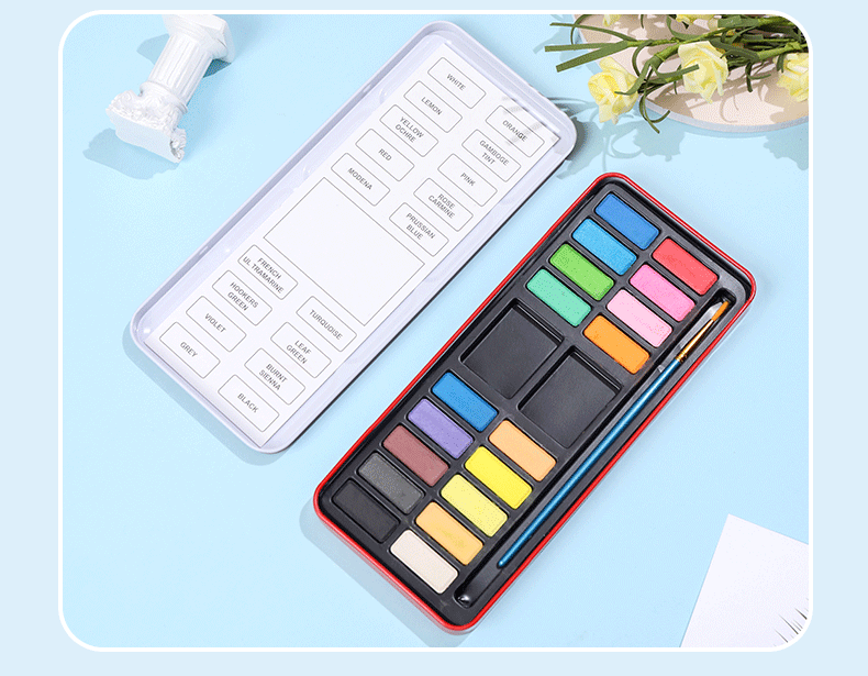 博艺宣便携式铁盒环保24色浓缩粉饼颜料儿童diy美术写生固体水彩详情11