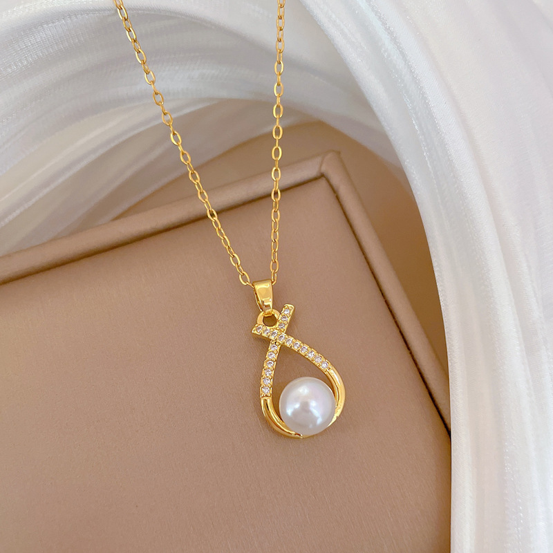 【钛钢】项链耳环套装轻奢满钻交叉珍珠个性气质宴会耳饰项饰组详情11