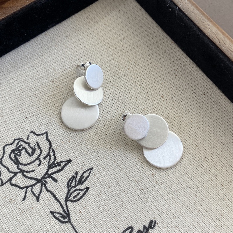 泰国小众文艺复古三层圆片拉丝耳环S925银针几何圆形叠片简约耳钉详情1