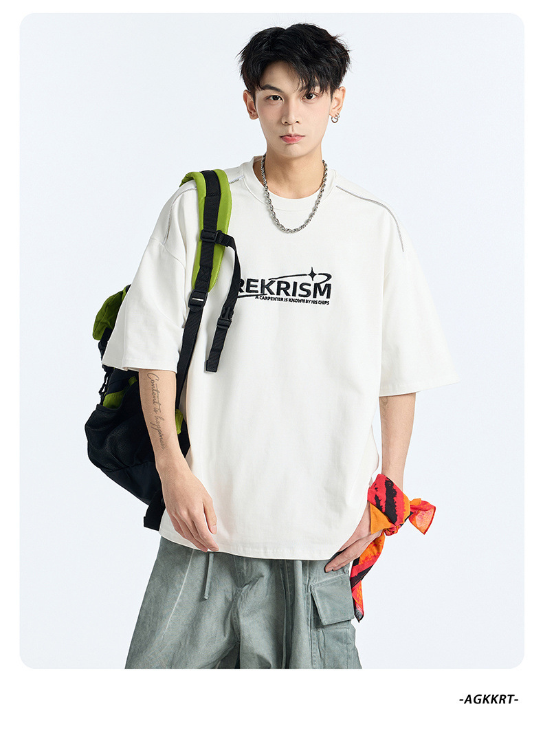 Heavy cotton short-sleeved T-shirt for men, Spring/Summer 2025, American letter print zipper design, loose and versatile base layer pic 9