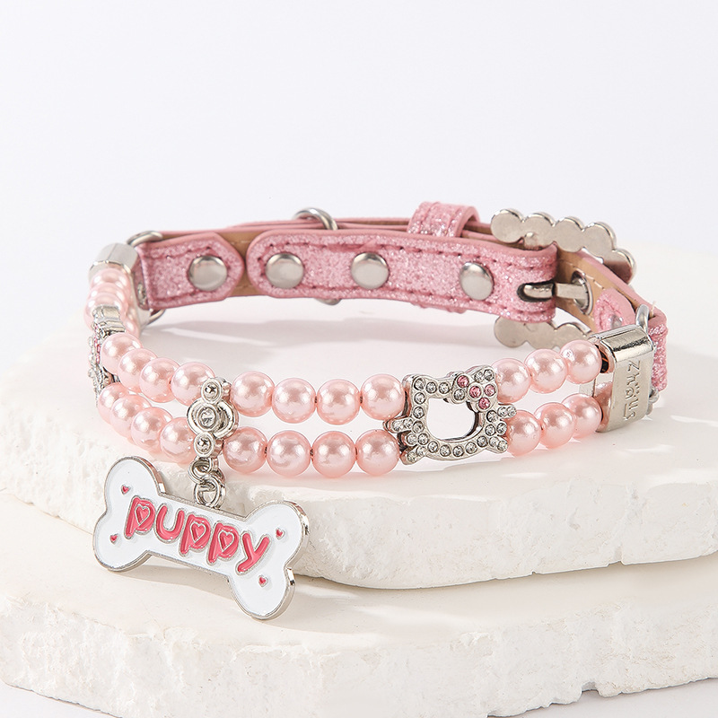 New pet beaded large bone pendant collar, small cat and dog simulation pearl water diamond cat head beaded cat chain necklaces pic 13