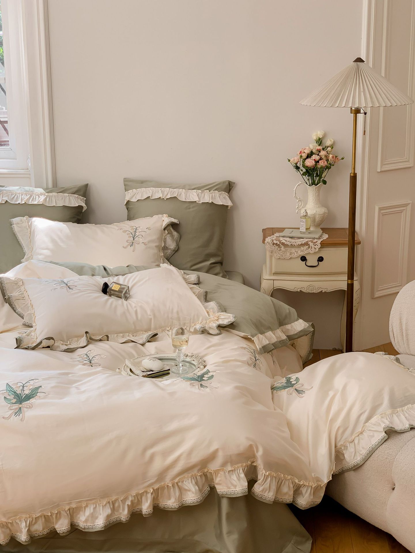Classical embroidery double-piece natural color fabric with ruffled edges and rounded corners, 100S Australian cotton double-strand Gongbrocade, long-staple cotton four-piece set pic 6