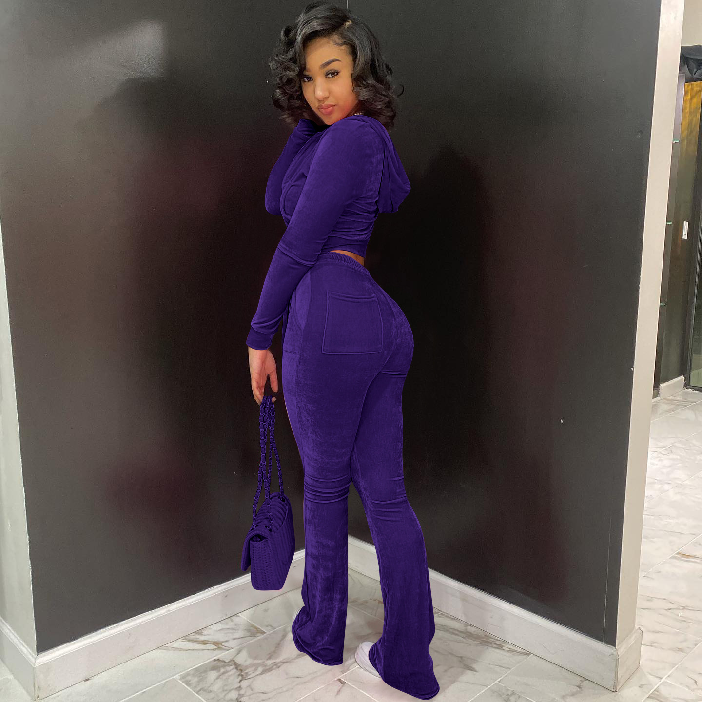 Solid color gold velvet wide-leg pants two-piece set pic 145