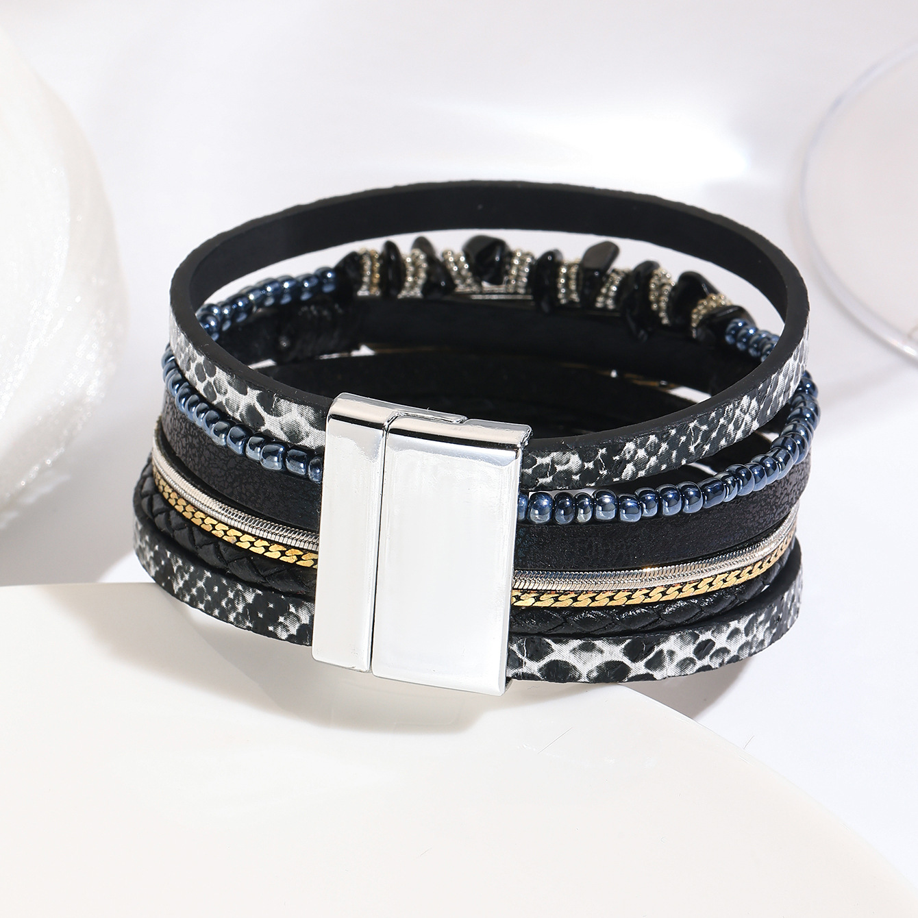 跨境翡翠波西米亚碎石羽毛手链复古绿松石磁铁扣手镯详情16