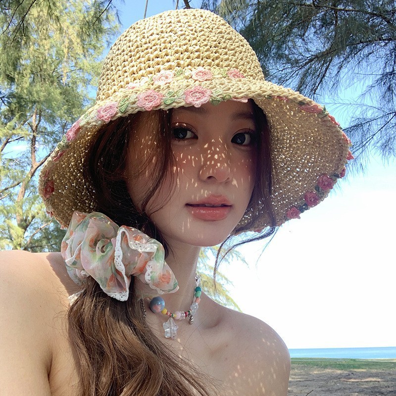 Little flower straw hat, country-style straw woven hat, vacation and travel, seaside sun hat, beach sun protection hat, summer pic 4