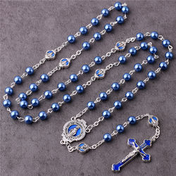 Cross-border Cross Necklace, retro royal blue alloy cross pendant Rosary Beads necklace pic 2