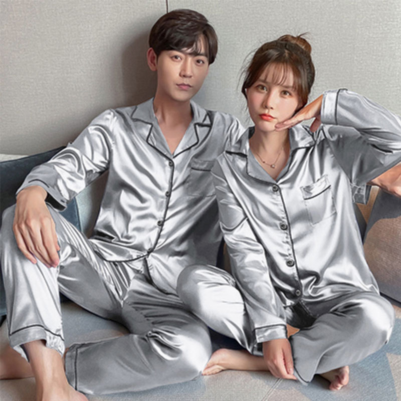 A wholesale set of short-sleeved couple pajamas for spring and autumn, featuring solid ice silk color faux silk for both men and women, can be worn as outerwear for home wear pic 26