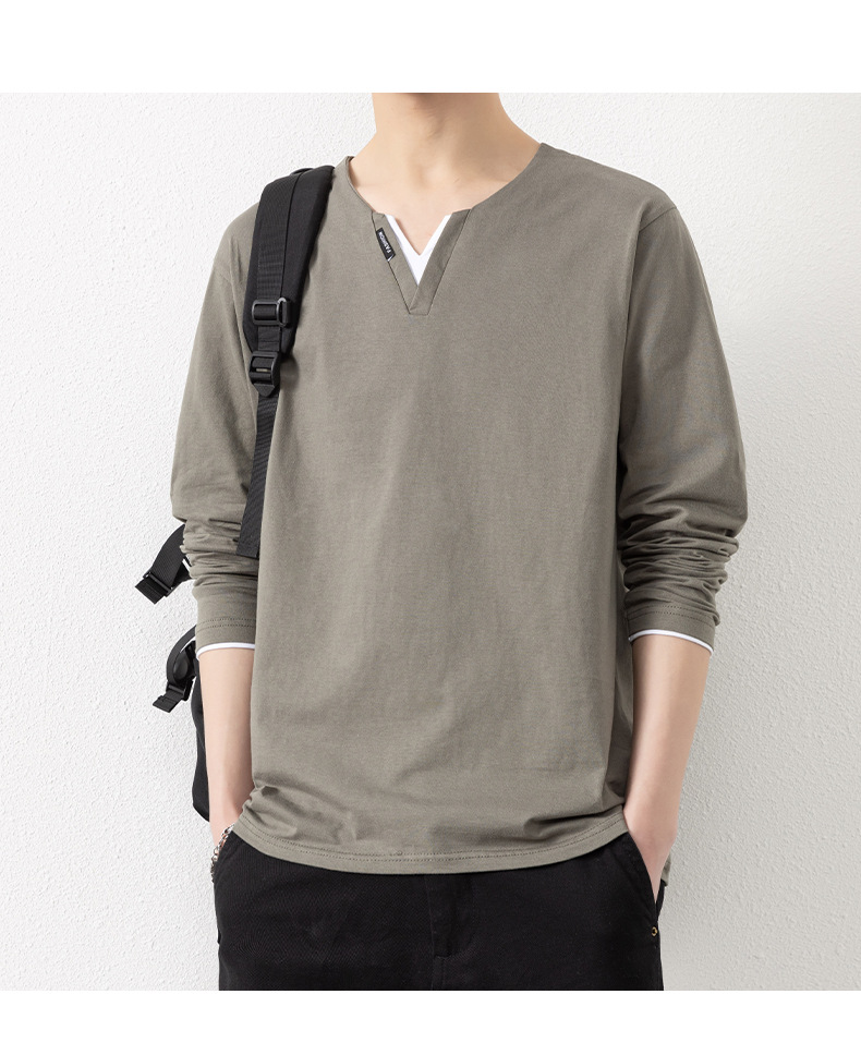 Two V-neck long-sleeved T-shirts for men, a thin spring and autumn top, pure cotton outerwear, a long Johns, a sweatshirt, and a casual base layer pic 10