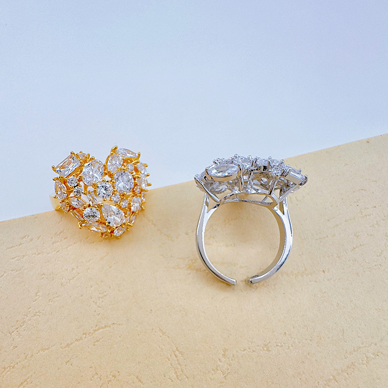 跨境新款亚马逊锆石活口戒指个性奢华爱心满钻戒指时尚气质开口戒详情6