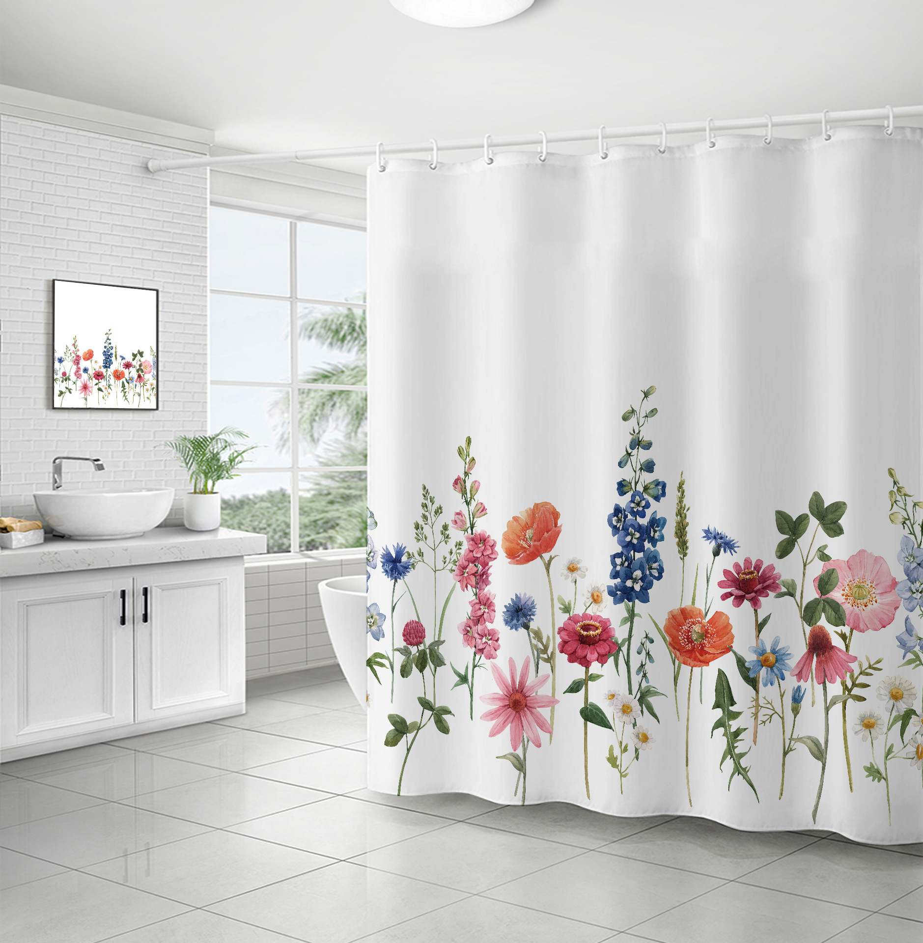 Cross-border direct sales of flower and plant bath curtains, fresh and simple floral waterproof and moisture-proof polyester isolation curtains pic 26
