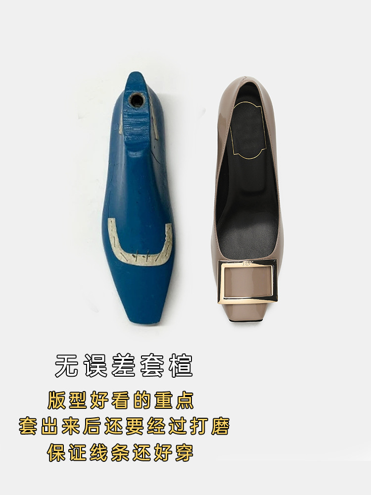 2025秋季新款rv漆皮方扣高跟鞋中粗跟OL职场通勤浅口真皮鞋女直销详情4