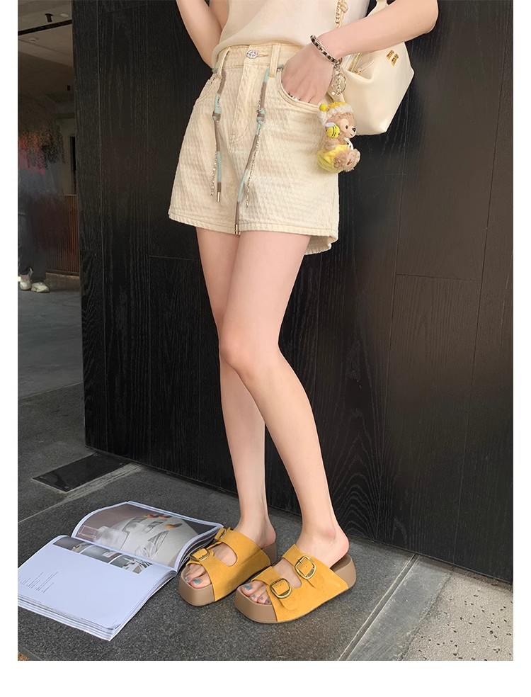 葡萄妈同款~ 真皮牛纹双扣带4.5cm厚底百搭懒人一脚蹬凉拖鞋女夏详情14