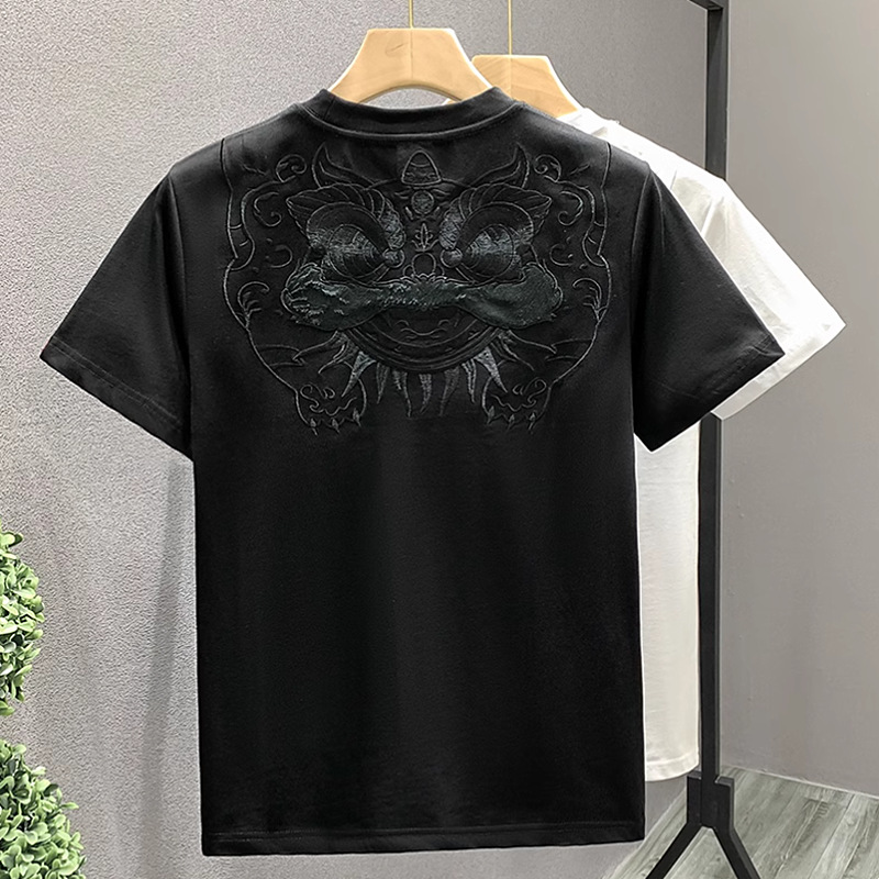 Chinese trend lion dance embroidery short-sleeved T-shirt for men, summer round-neck half-sleeved American retro loose casual top T-shirt pic 1