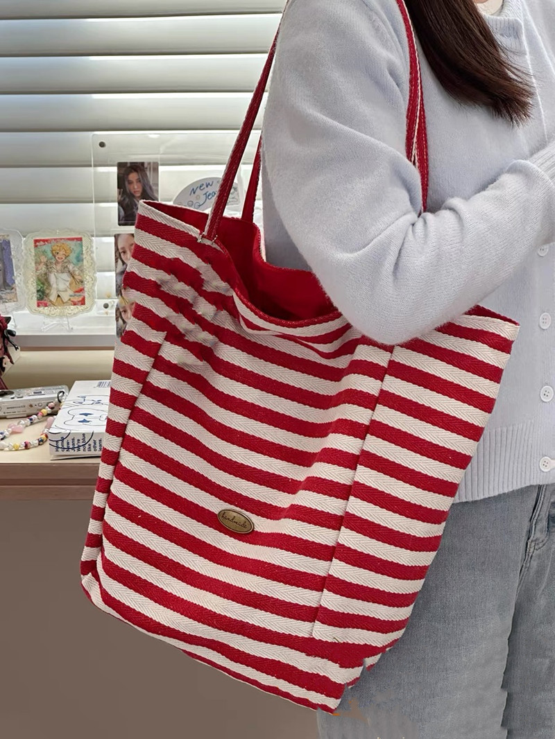 Striped canvas bag, 2024 new Korean style ins tote casual bag, single-shoulder large-capacity tote bag, shopping bag pic 5