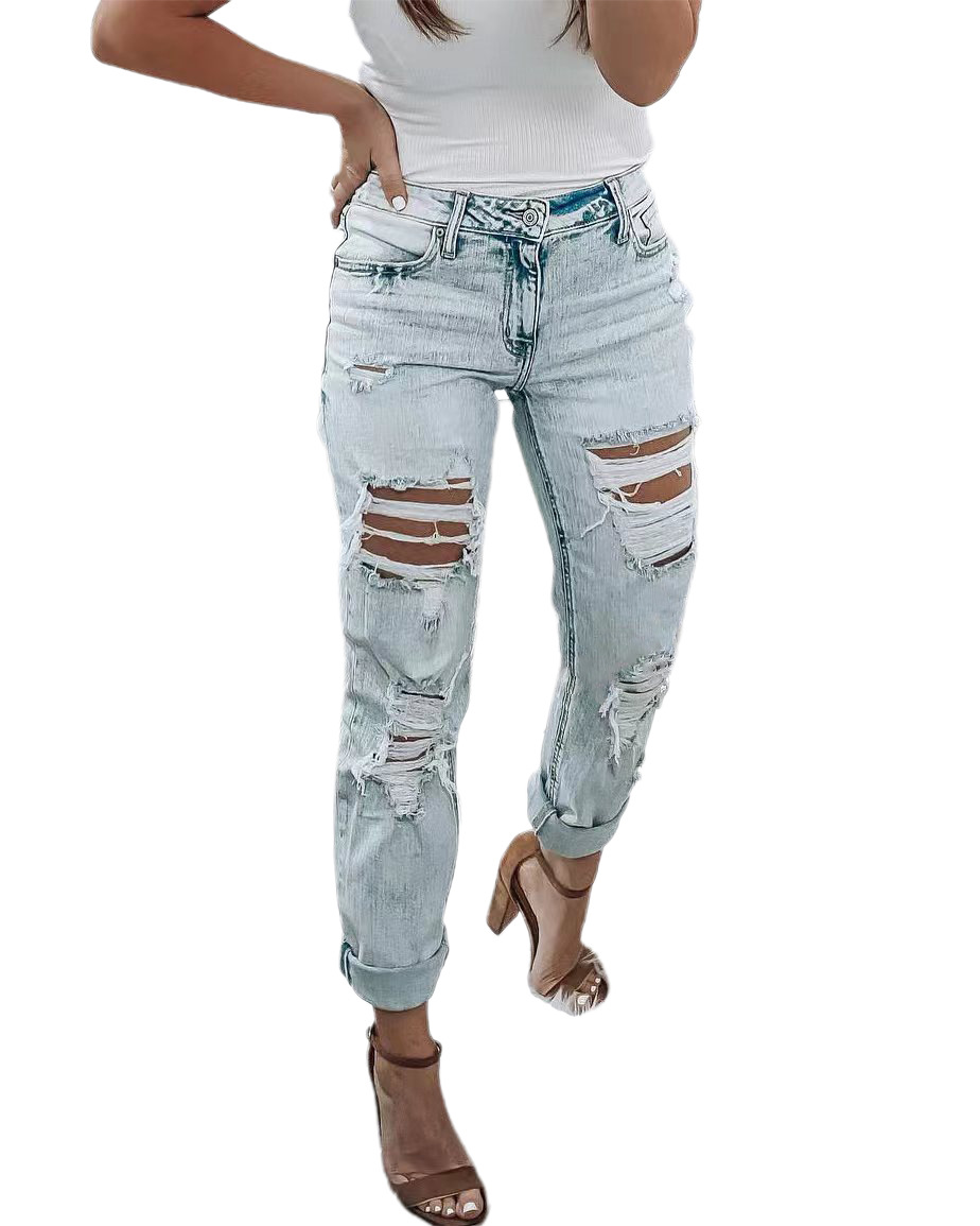 外贸女装亚马逊欧美2023夏季跨境时尚修身显瘦破洞牛仔长裤女高腰详情10