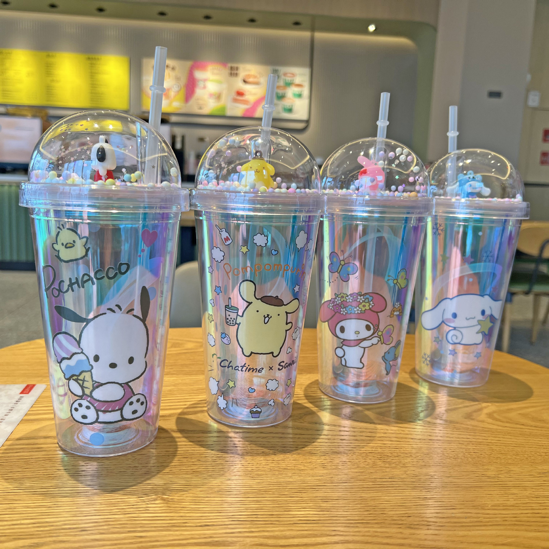 跨境新款三丽欧水杯批发双层观景塑料杯儿童卡通库洛米镭射吸管杯详情2