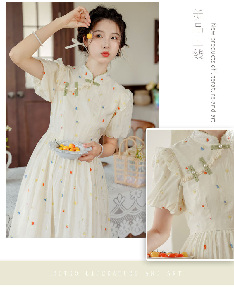 Improved cheongsam, new Chinese-style retro button-up, petite puffed-sleeve dress for women, summer long dress for export pic 2