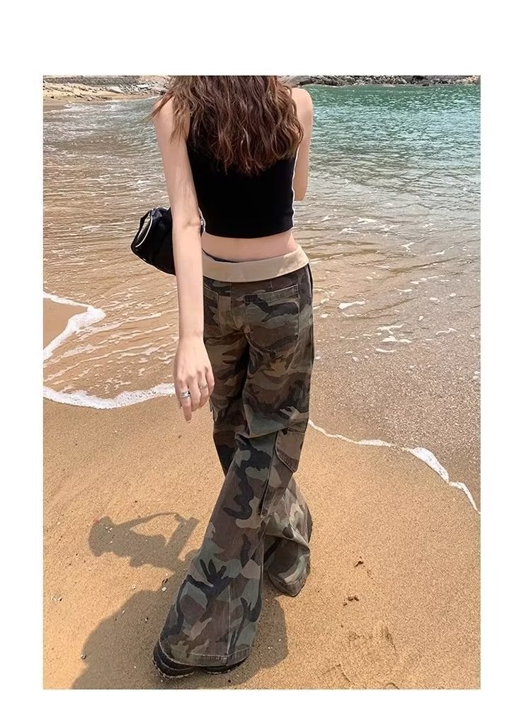 美式复古迷彩工装裤女2024夏季新款低腰高个子宽松垂感阔腿牛仔裤详情6