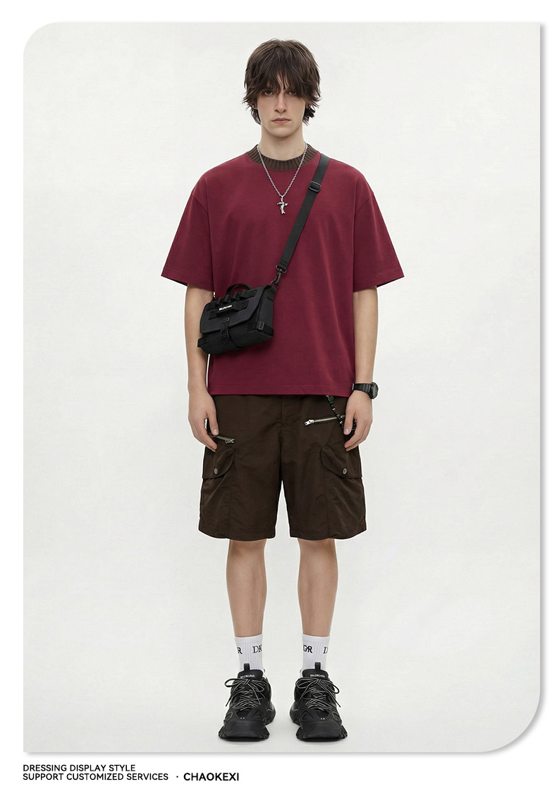 Summer new knitted patchwork color-blocking collar 100% cotton short-sleeved American trendy brand versatile short T-shirt top for men pic 15