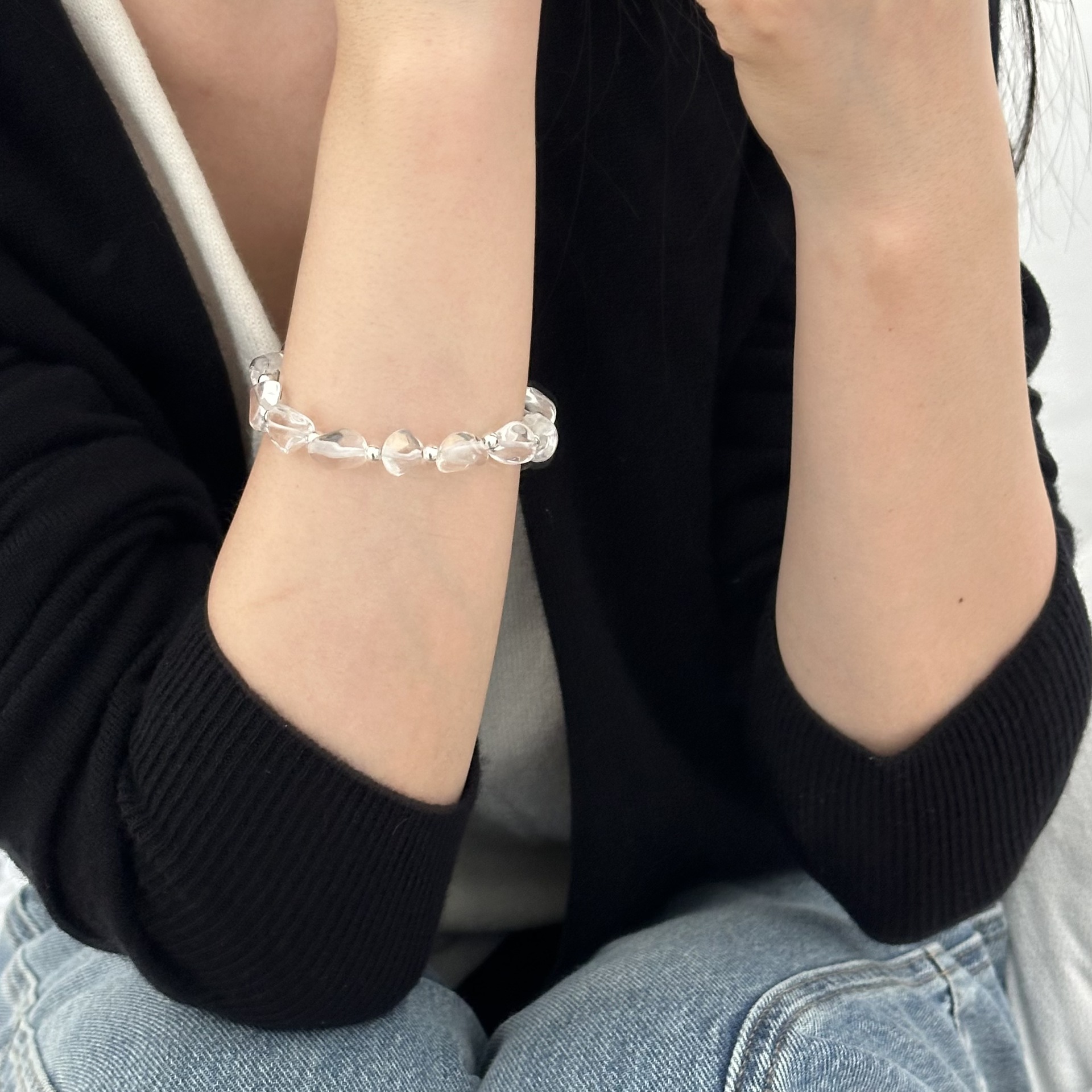 925 sterling silver irregular crystal spotted silver bead bracelet for women, simple handcrafted design, versatile beaded bracelet B3238 pic 2