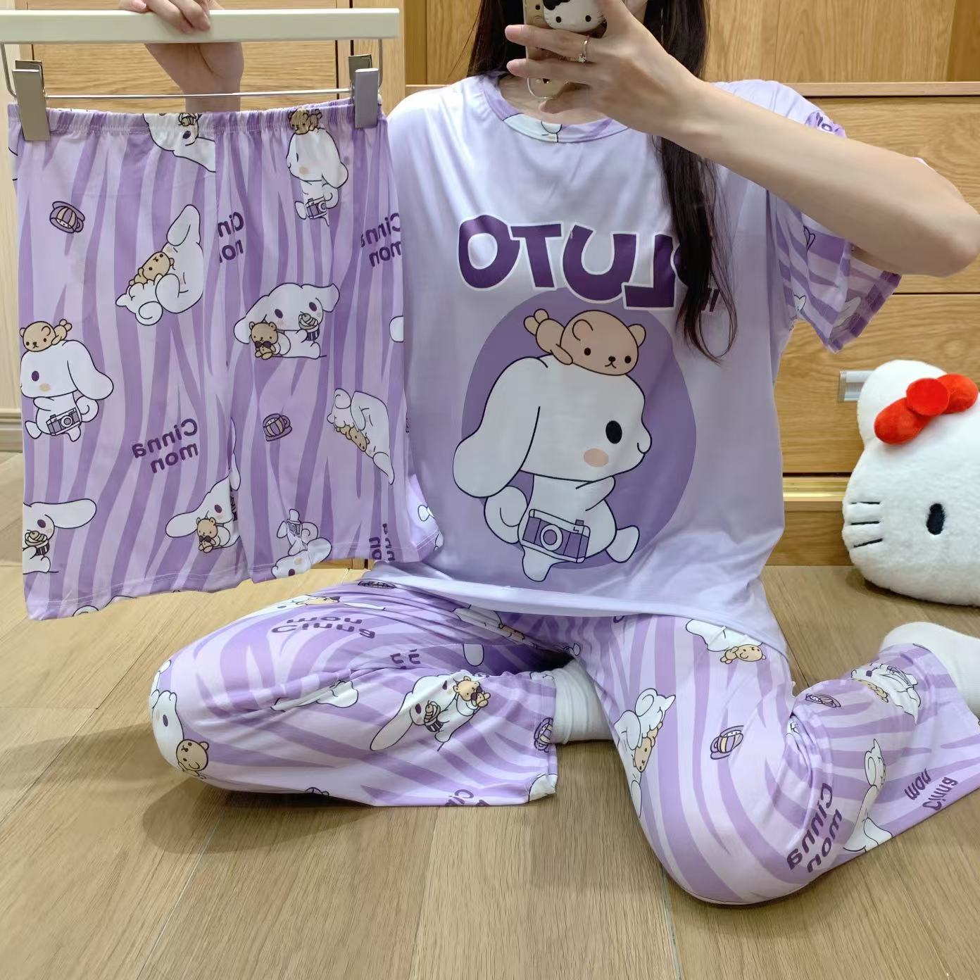 pajamas外贸工厂批发卡通夏季睡衣女短袖大码长裤三件套家居套装详情36