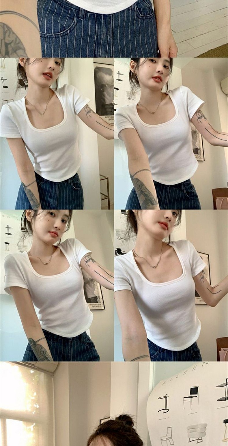 纯欲甜辣妹正肩方领短袖T恤女夏季ins设计感小众百搭显瘦短款上衣详情16